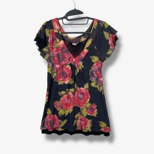 Johnny Heaven Dark Floral Rose Top Womens L  Ruffle Sleeve Black Y2K Romantic